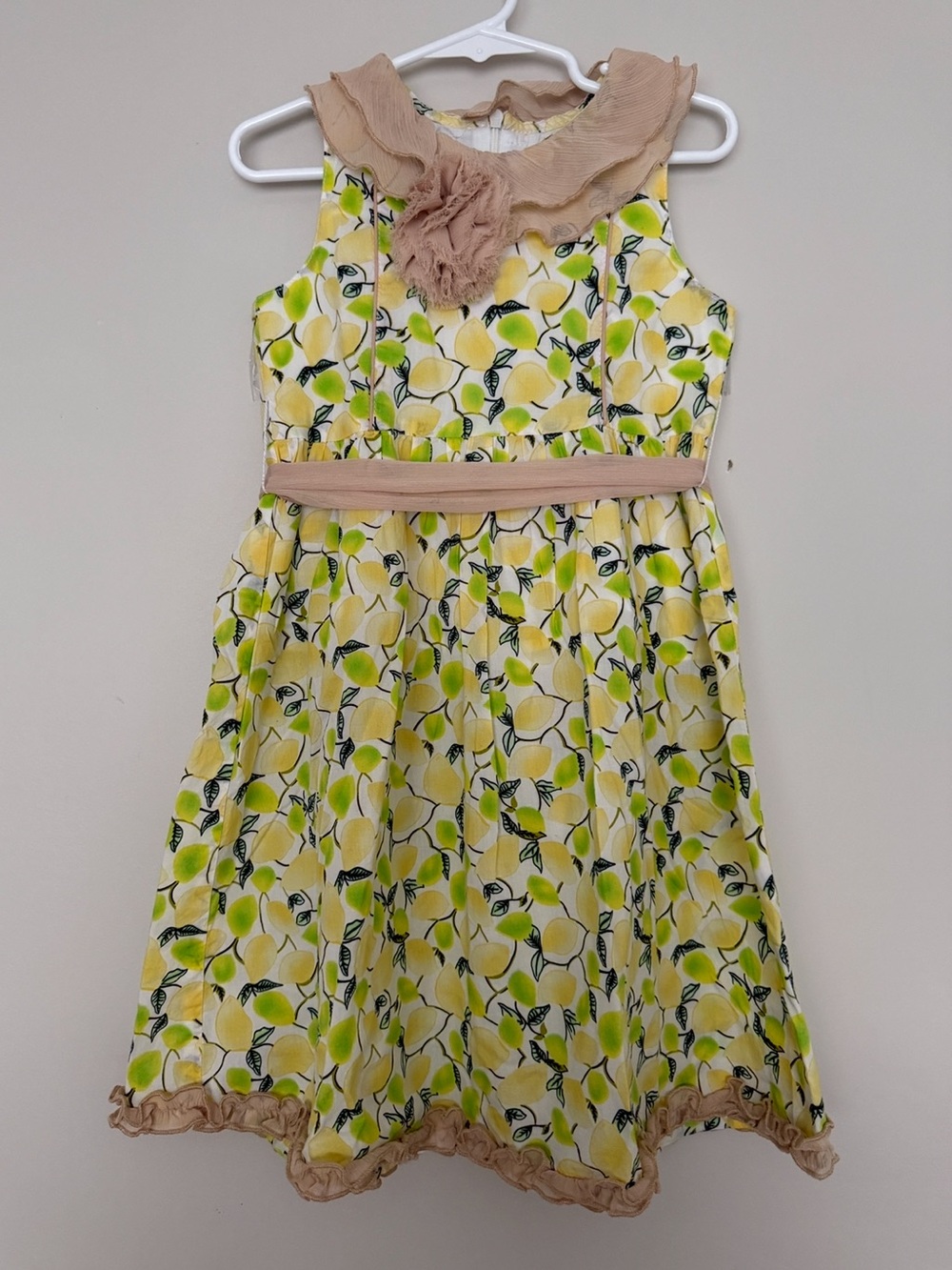 Trish Scully Child Yellow Lemon-Print Girls Dress with Beige Trim Size 6X